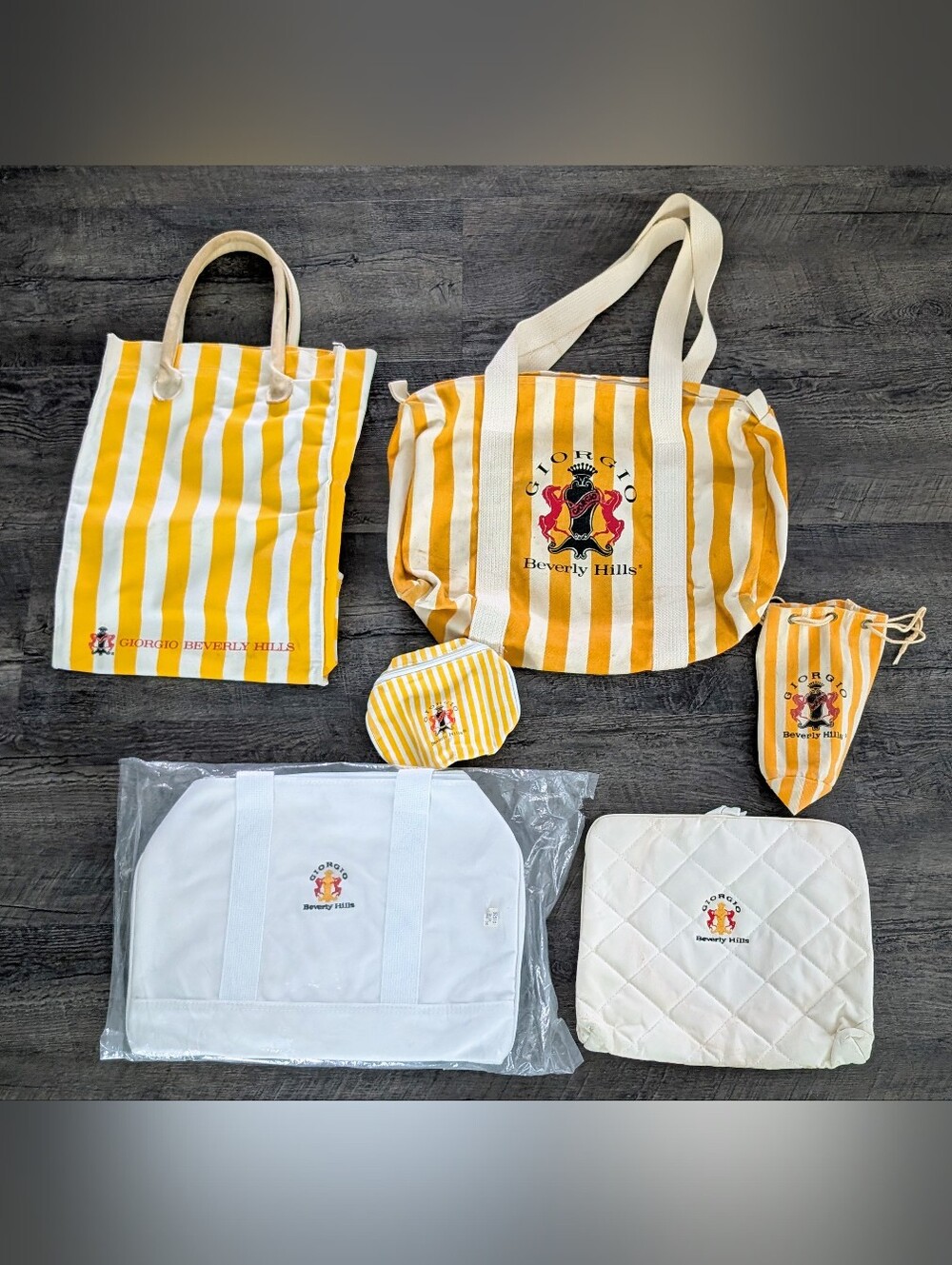 Vintage GIORGIO BEVERLY HILLS Yellow Stripes Canvas Shopping Tote Bag Lot Of 6